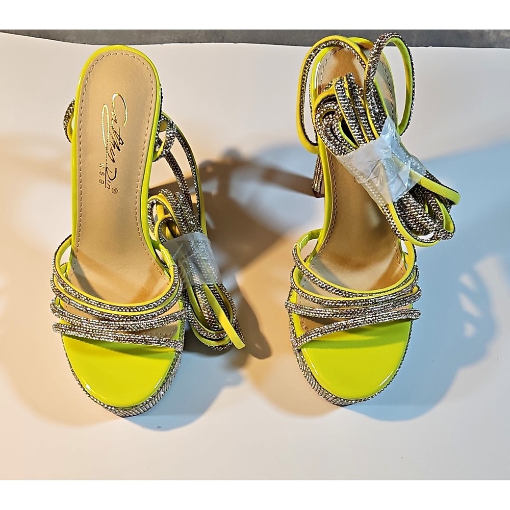 Cathy Din Lime Synthetic Strappy Platform Ankle Strap Rhinestone Open Toe 6